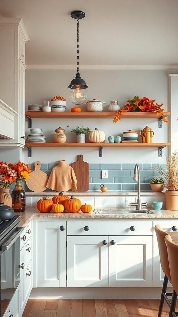 A cozy kitchen with autumn decor, featuring pumpkins, flowers, and warm lighting.