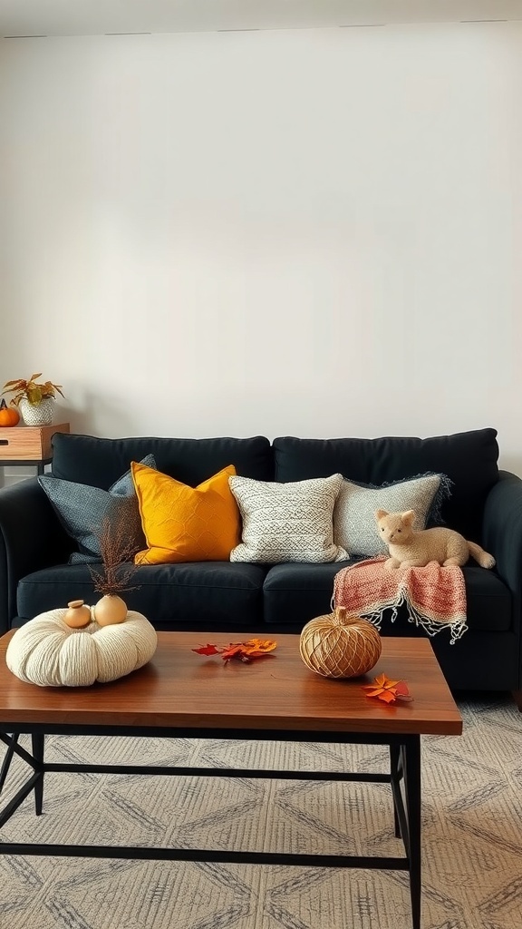A cozy living room featuring a black couch with colorful pillows, a wooden coffee table decorated with seasonal items, and a warm atmosphere.