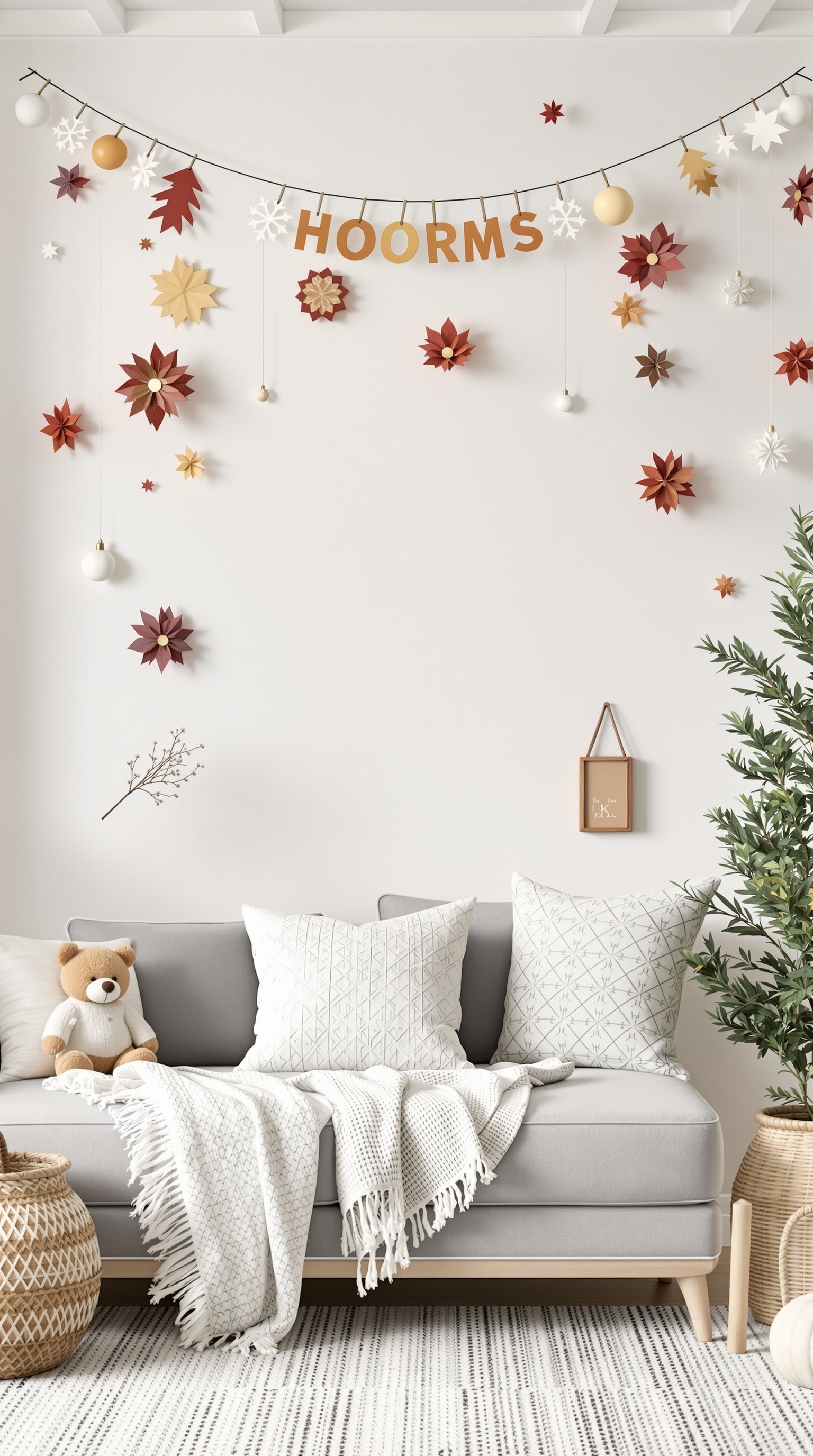 A cozy living room wall decorated with autumn-themed paper flowers and a banner.