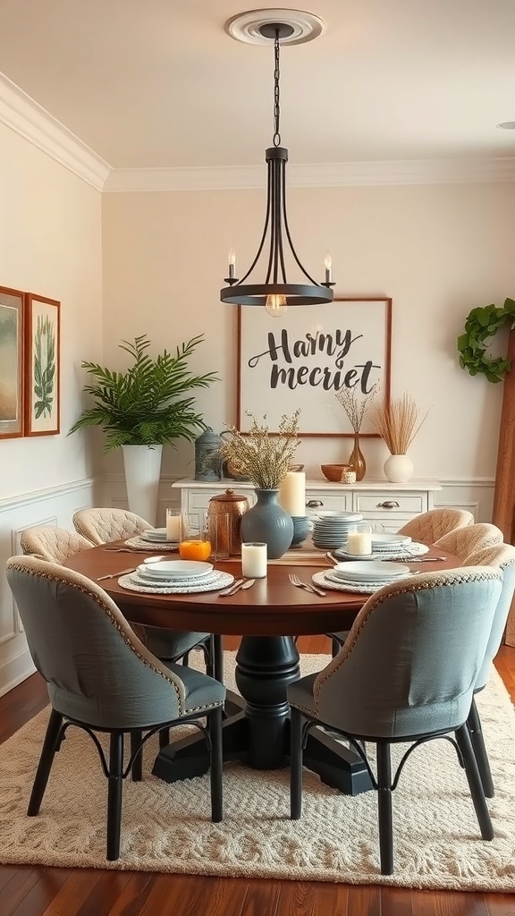 A cozy small dining room featuring a round table with plush chairs, seasonal decor, and stylish lighting.