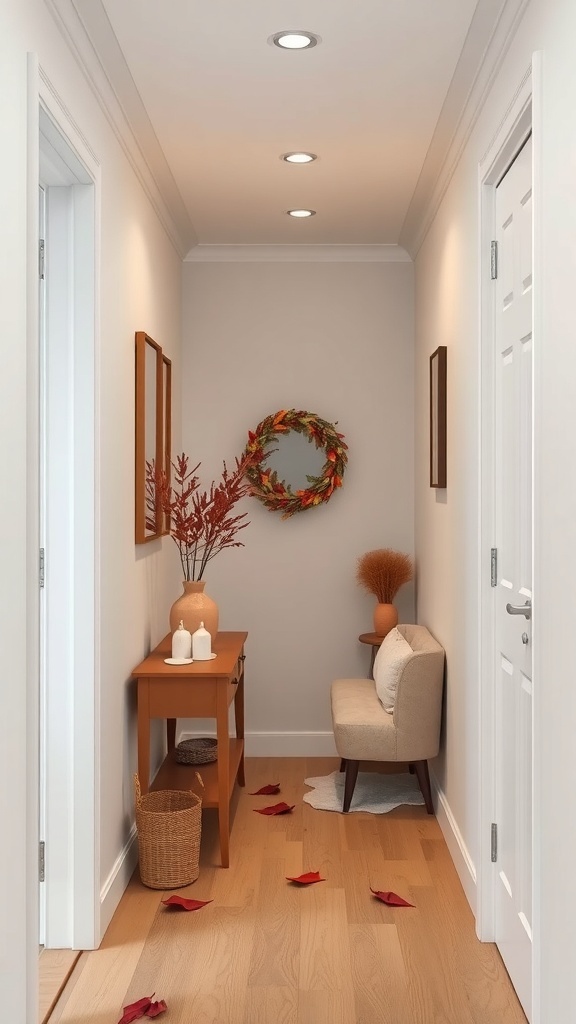 A narrow hallway decorated for autumn with a wreath, candles, and scattered leaves.