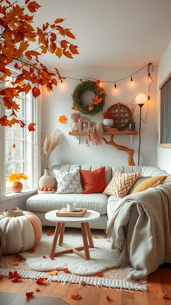 Cozy reading nook with autumn decorations, including leaves, pumpkins, and warm lighting.