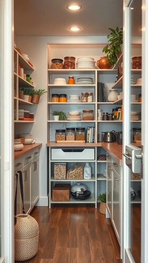 A well-organized narrow pantry with shelves filled with jars, containers, and kitchenware.