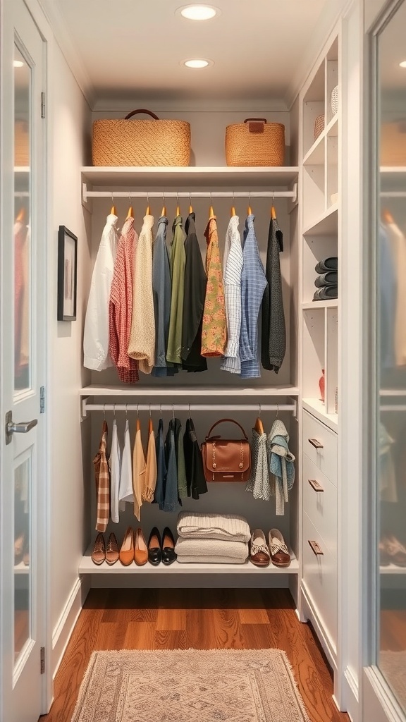 A small walk-in closet with organized clothes, shoes, and accessories.