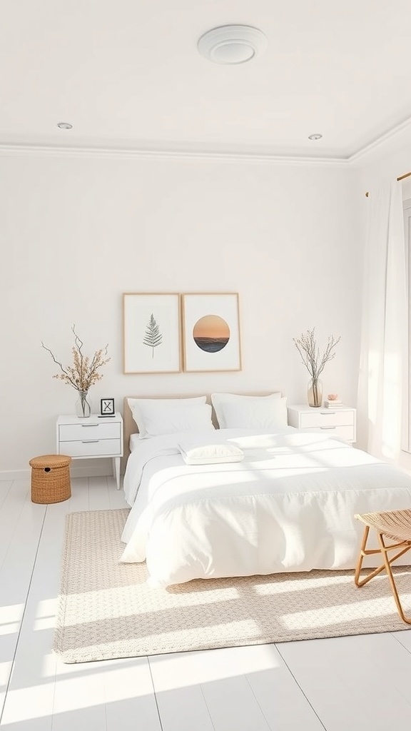A bright white bedroom with minimal decor, featuring a bed, nightstands, and framed artwork.