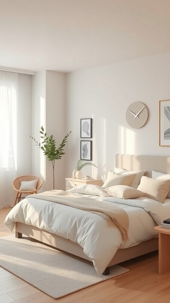 A serene bedroom with soft white bedding, natural light, and minimal decor.
