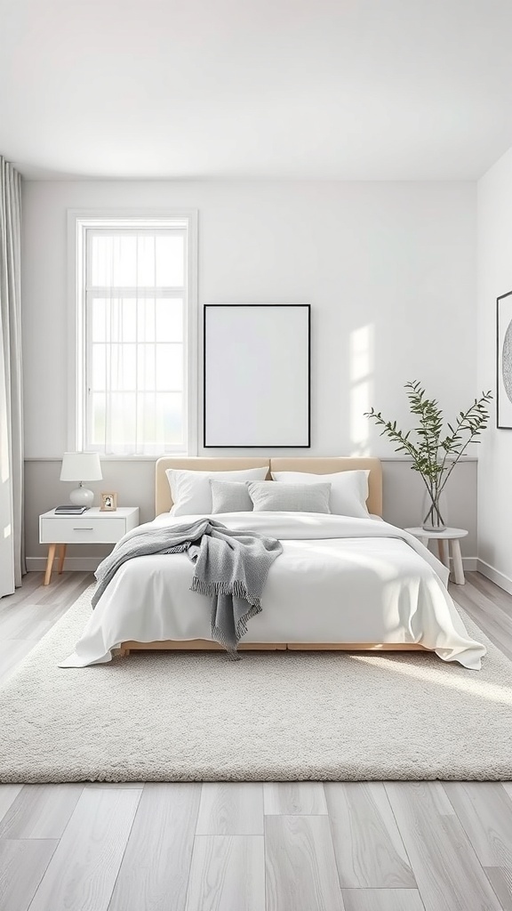 A serene grey and white bedroom featuring a bed with white linens, a grey throw, a potted plant, and natural light from a window.