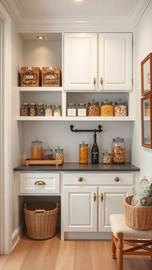 A well-organized butler's pantry featuring clear jars filled with snacks, a countertop with a tray, and a cozy chair.