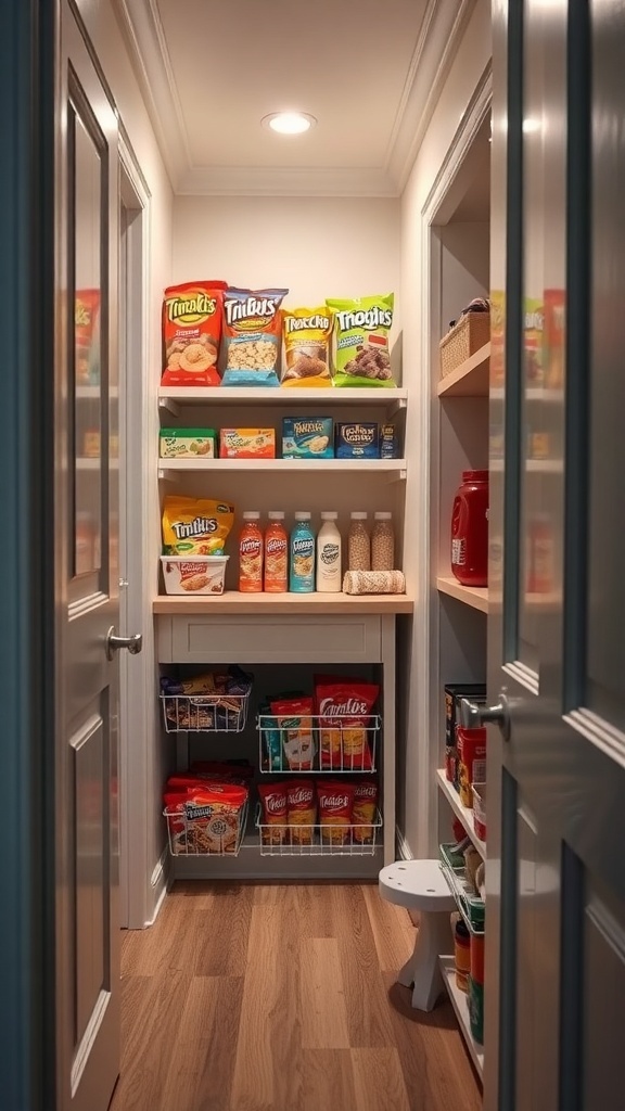 Organized narrow pantry with snacks and storage bins