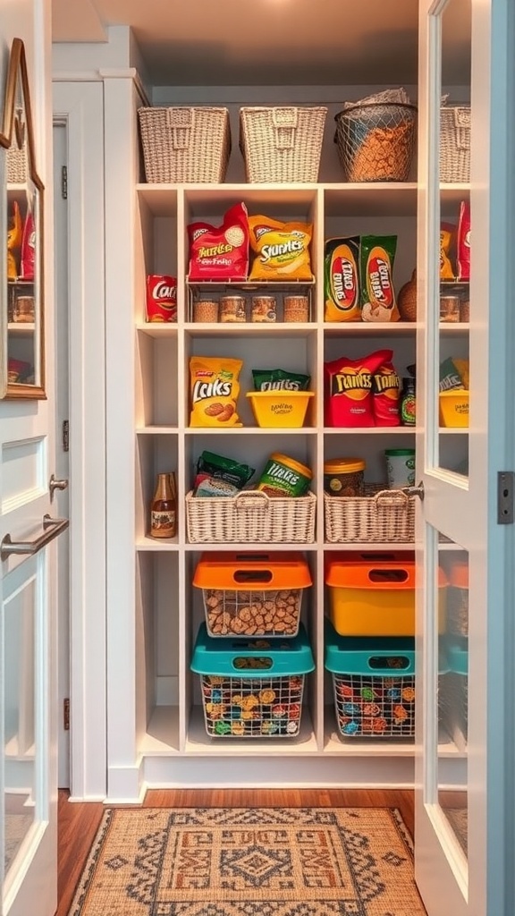 Organized pantry with snacks in baskets and containers