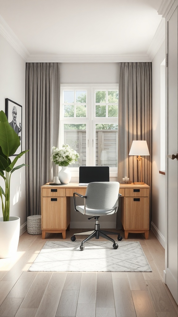 A small home office with a wooden desk, a comfortable chair, and natural light coming through the window.