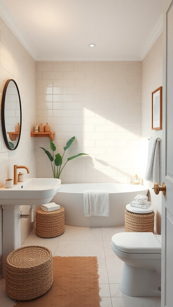 Small bathroom featuring a shower, round mirror, potted plant, woven baskets, and soft lighting.