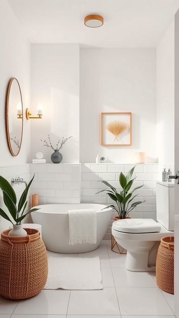 A minimalist small bathroom featuring a freestanding tub, plants, and soft lighting.