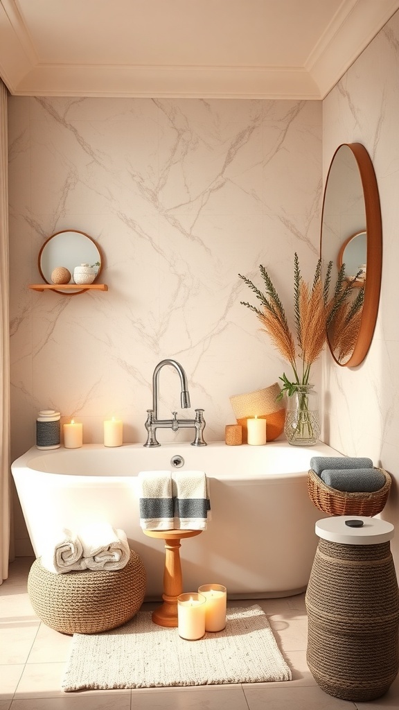 A small master bath featuring a freestanding tub, candles, and natural decor for a spa-like atmosphere.