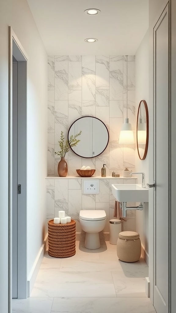 A narrow bathroom with marble tiles, a round mirror, and soft lighting, creating a spa-like atmosphere.