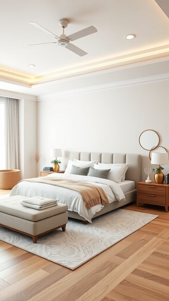 A serene king bedroom with neutral colors, soft linens, and natural light.