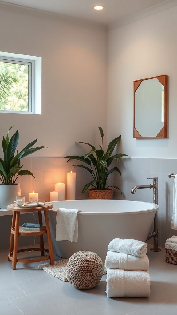 A beautifully designed guest bathroom with a sleek bathtub, warm candle lighting, and plants.