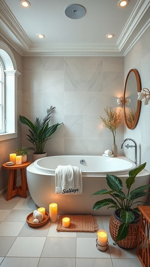 A beautifully designed basement bathroom featuring a freestanding tub, plants, candles, and warm lighting.