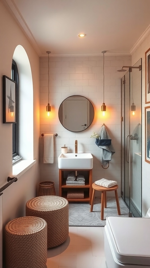 A small, stylish bathroom featuring woven stools, a wooden sink stand, a round mirror, and warm pendant lighting.