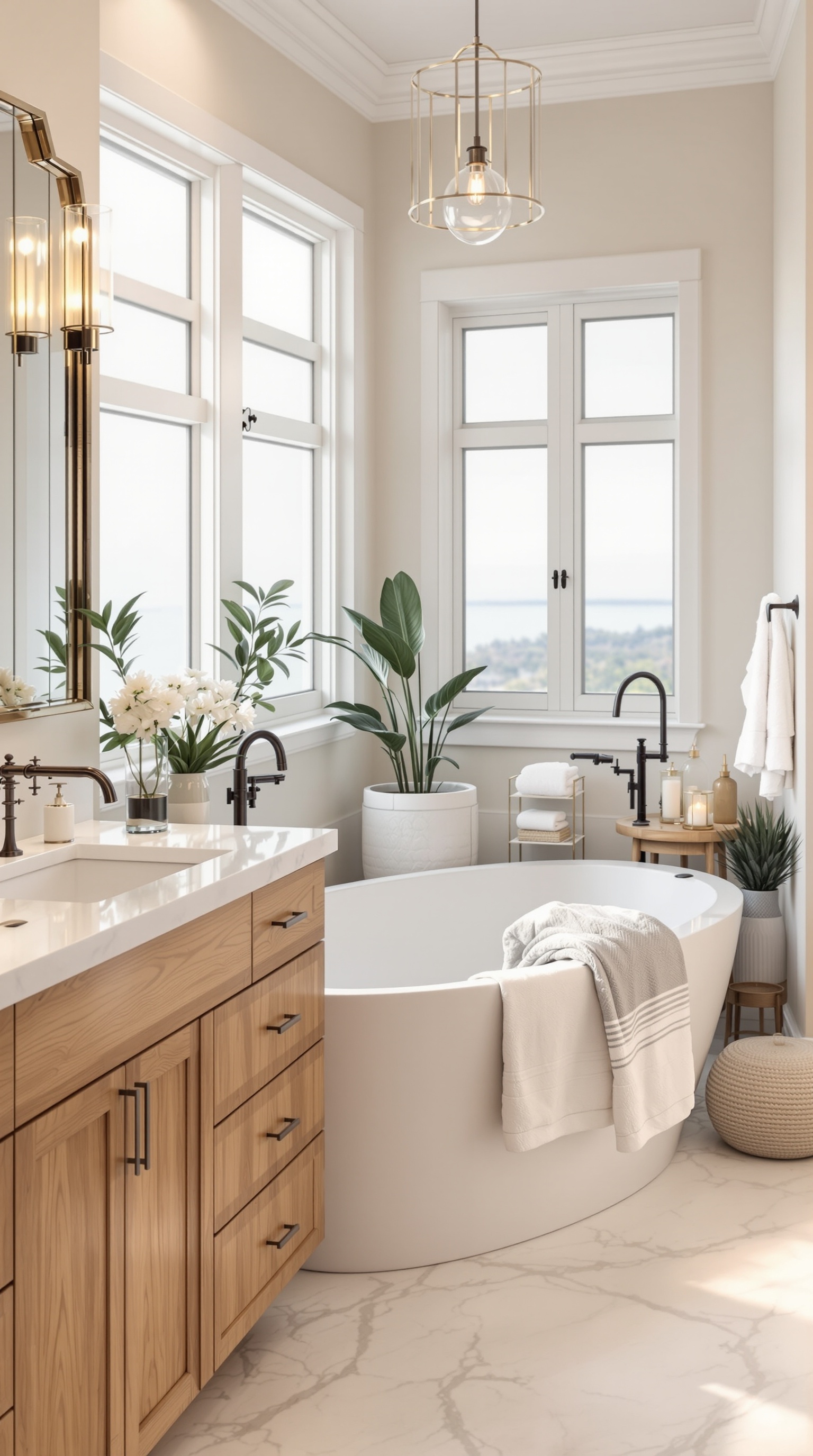 A modern bathroom featuring a freestanding tub, large windows, plants, and stylish lighting.