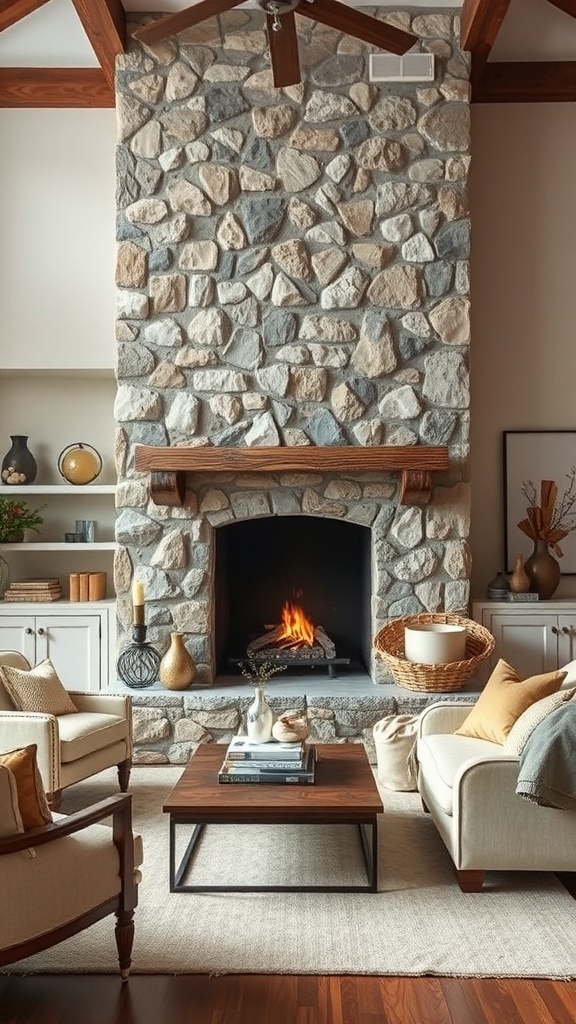 A rustic stone fireplace with a wooden mantel, surrounded by cozy seating and warm decor.