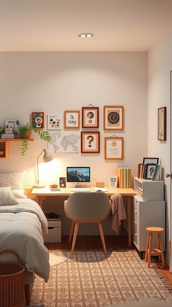Cozy study nook in a small shared kids bedroom with a desk, computer, and wall art.