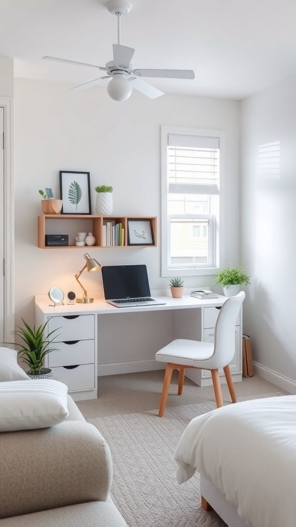 Minimalist teen bedroom with a study nook featuring a white desk, computer, and plants.