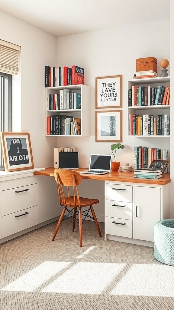 A cozy study nook in a dorm room with a wooden desk, bookshelves filled with books, and a comfortable chair.