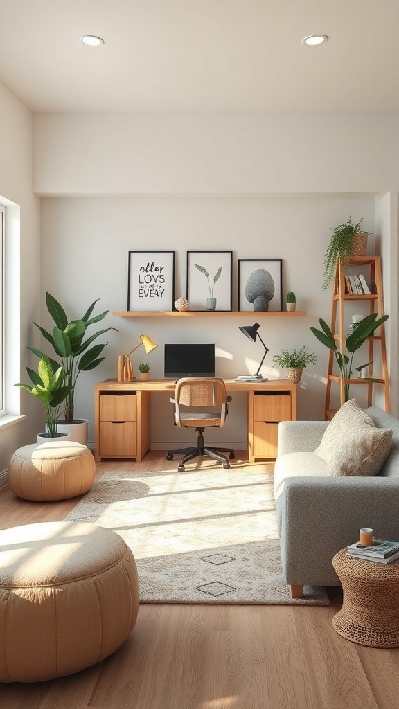 A cozy small office with a desk, plants, and comfortable seating, promoting a tech-free environment.
