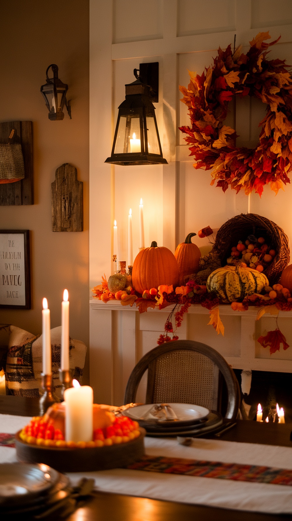 Thanksgiving table with candles, pumpkins, and autumn decor