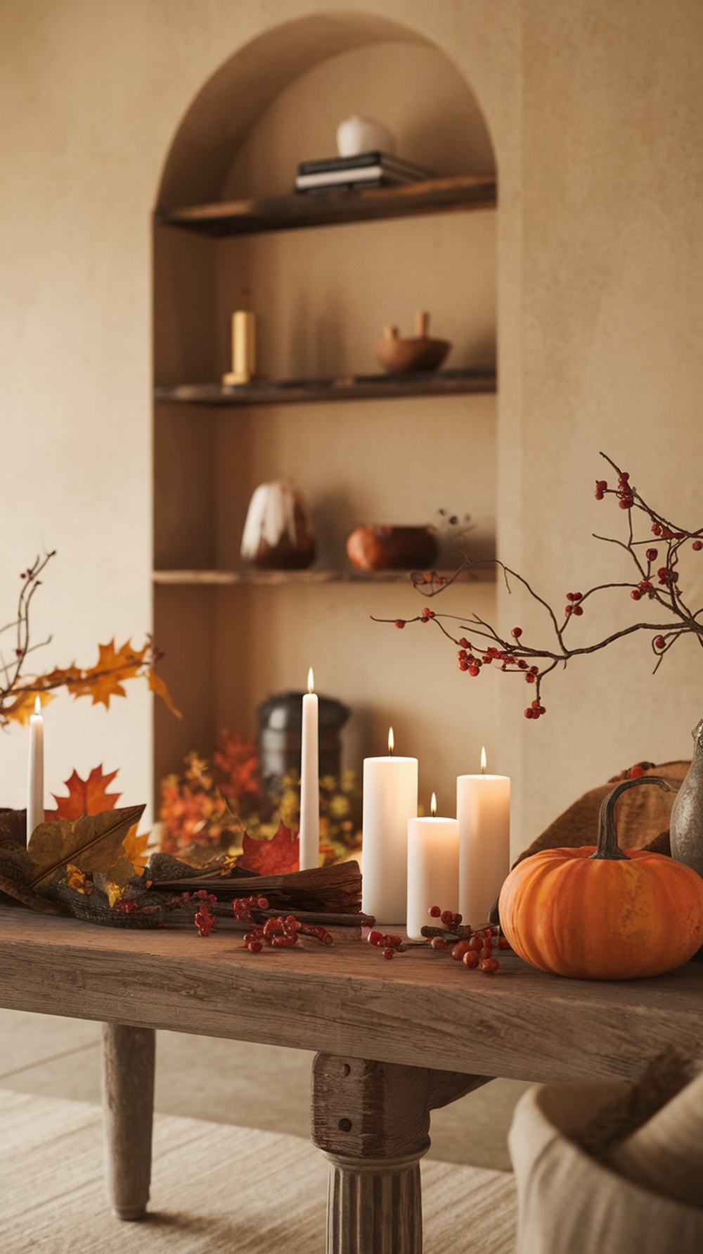 A cozy Thanksgiving table with candles, a pumpkin, and autumn leaves.