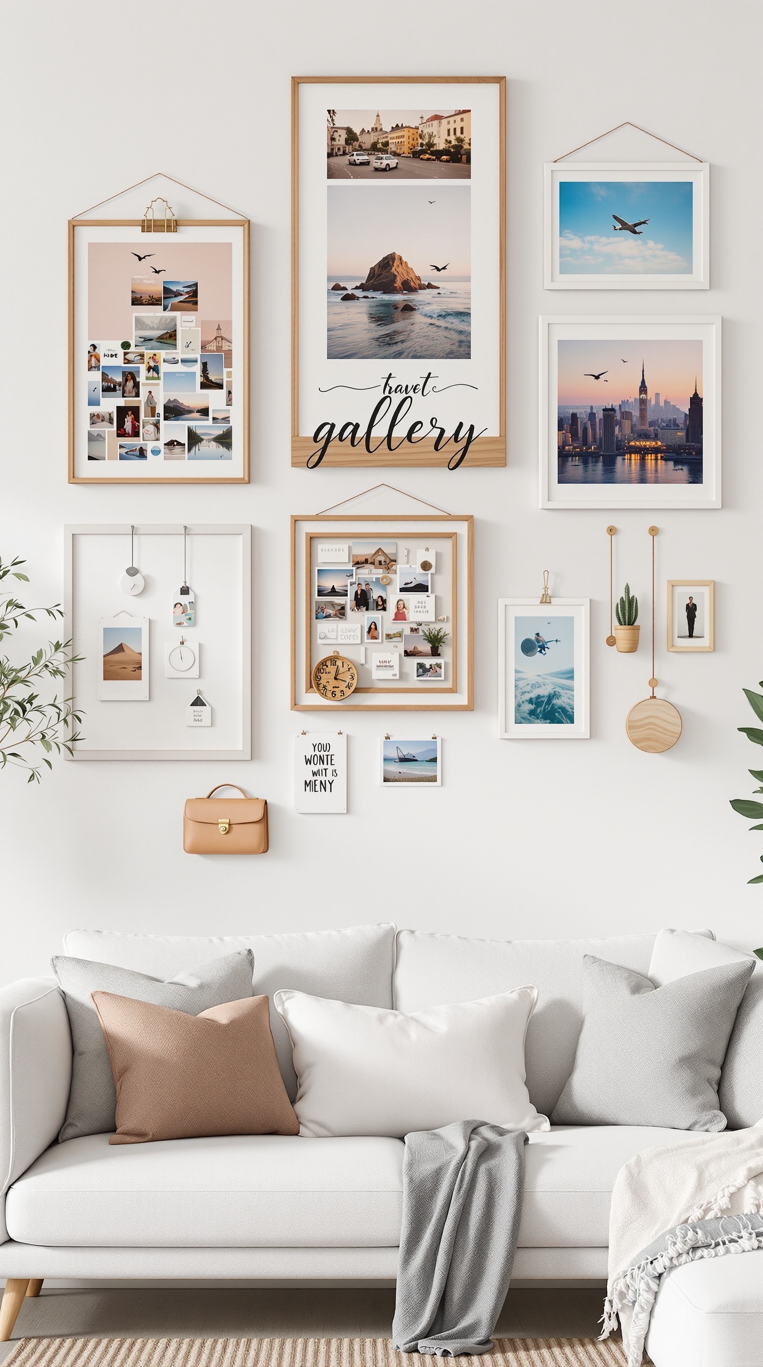 A thematic gallery wall featuring travel photos and personal items, creating a cozy and inviting atmosphere.