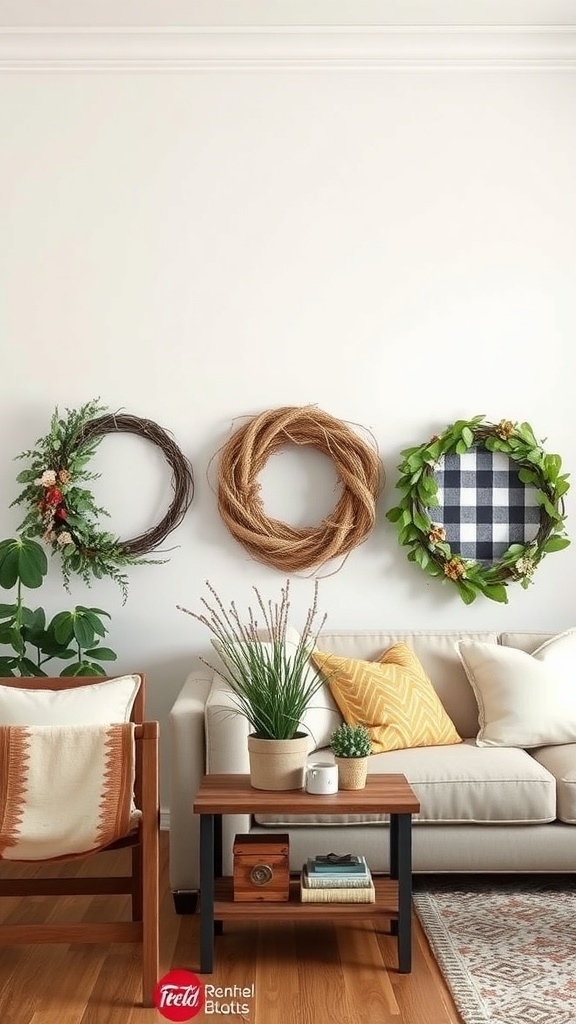 Three different styles of wreaths on a wall, showcasing rustic, modern, and vintage themes.