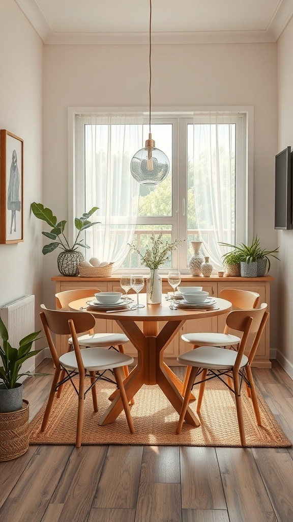 A small dining room featuring a round wooden table, stylish chairs, and natural decor elements.