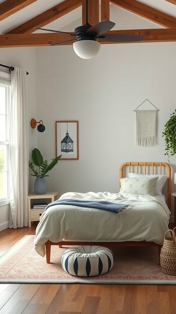 A small, cozy teen bedroom featuring a wooden bed, soft bedding, a pouf, wall art, and a hanging plant.