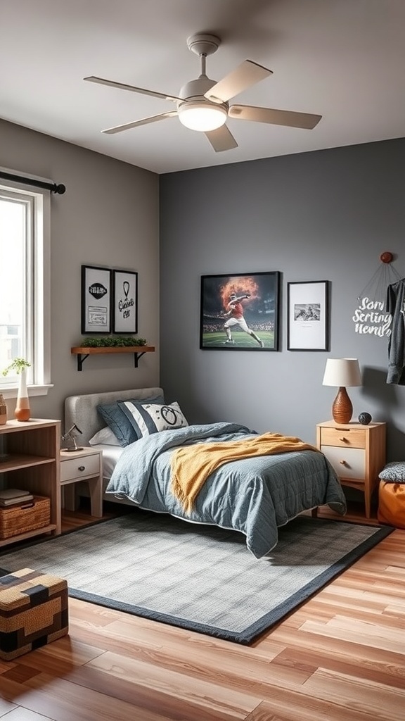 A small teen bedroom featuring gray walls, a blue bedspread, and decorative wall art.