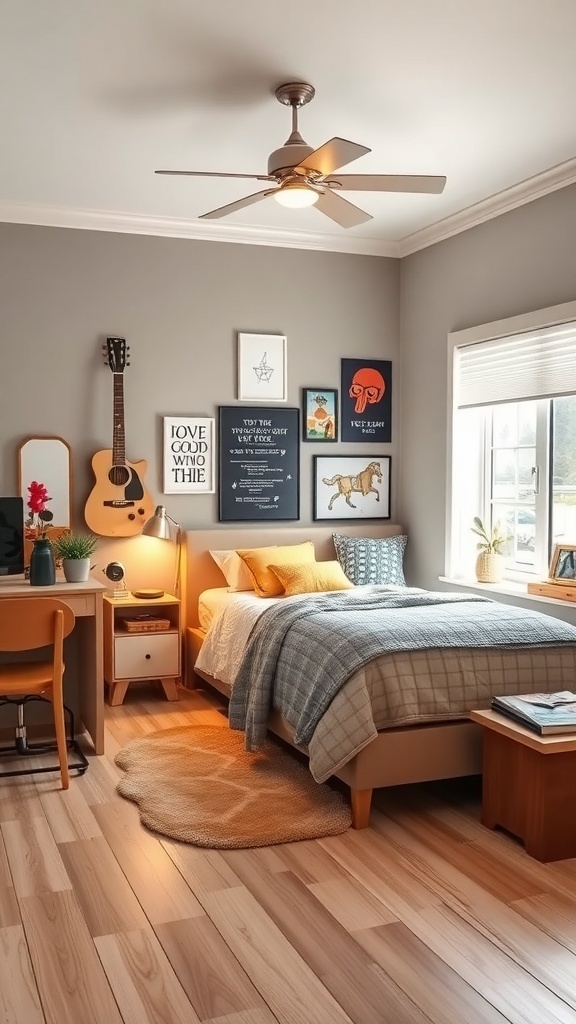 A stylish teen bedroom featuring a bed, desk, guitar, and wall art.