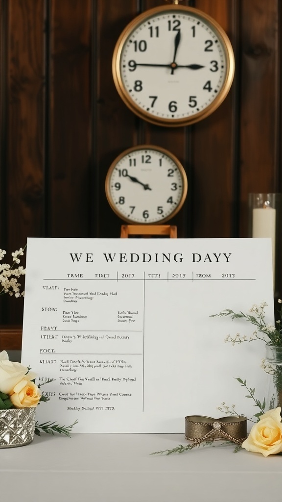 A sample wedding timeline document displayed on a table with decorative elements.