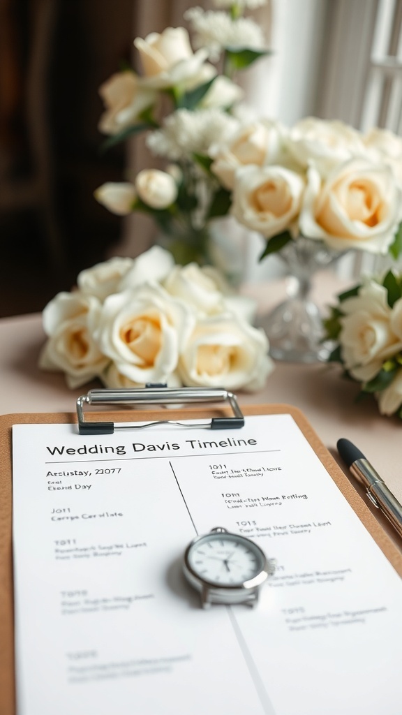 A clipboard displaying a wedding timeline with a watch and floral arrangements in the background.