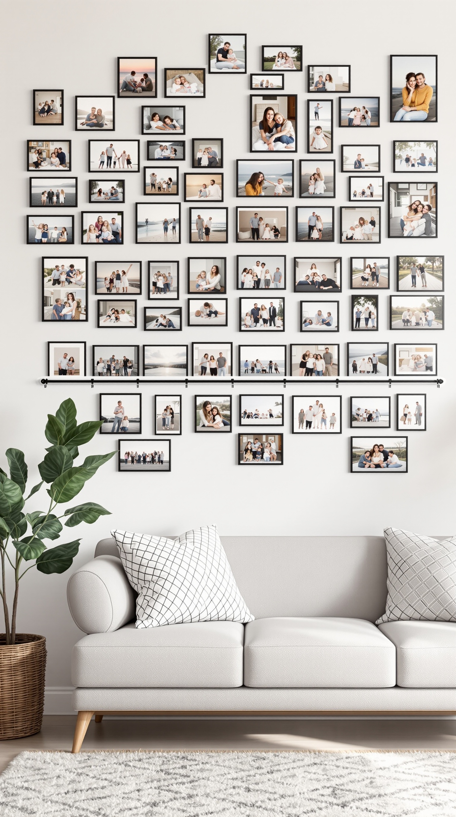 A wall filled with family pictures in various frames, showcasing memories and moments together.