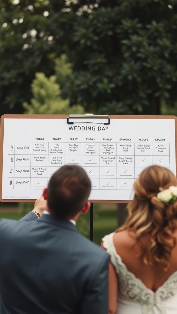 Couple reviewing their wedding day schedule, focusing on creating an organized timeline.