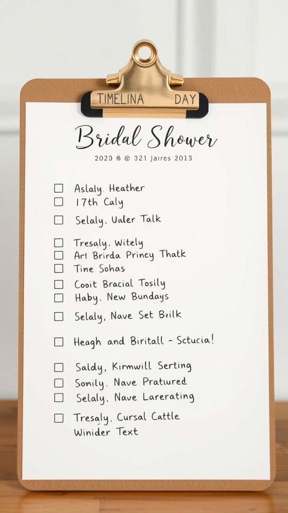 A clipboard with a checklist for a bridal shower, outlining tasks to complete.