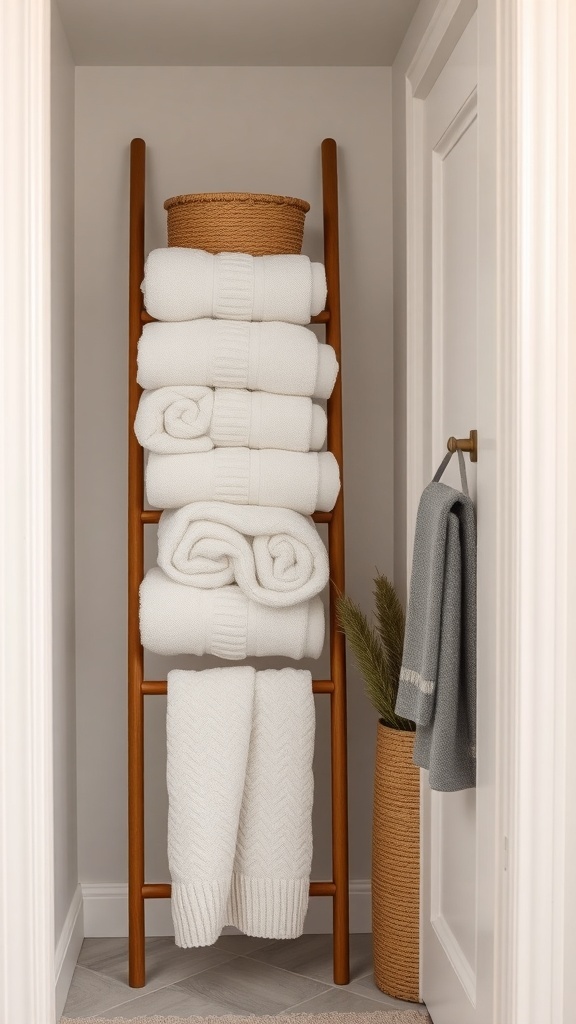A stylish wooden towel ladder with neatly arranged white towels and a woven basket on top.