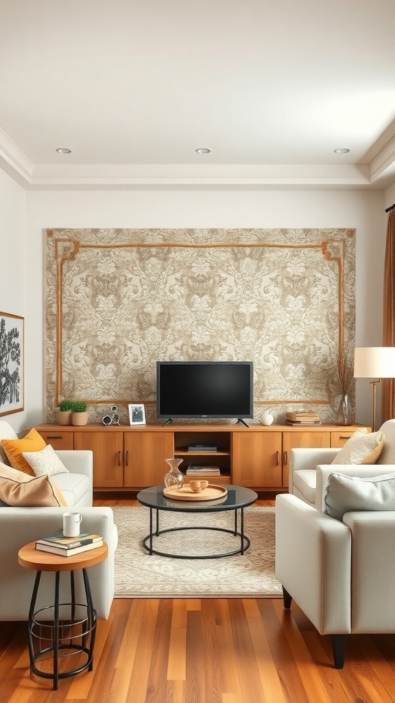 Living room with vintage feature wall behind TV, wooden furniture, and cozy decor.