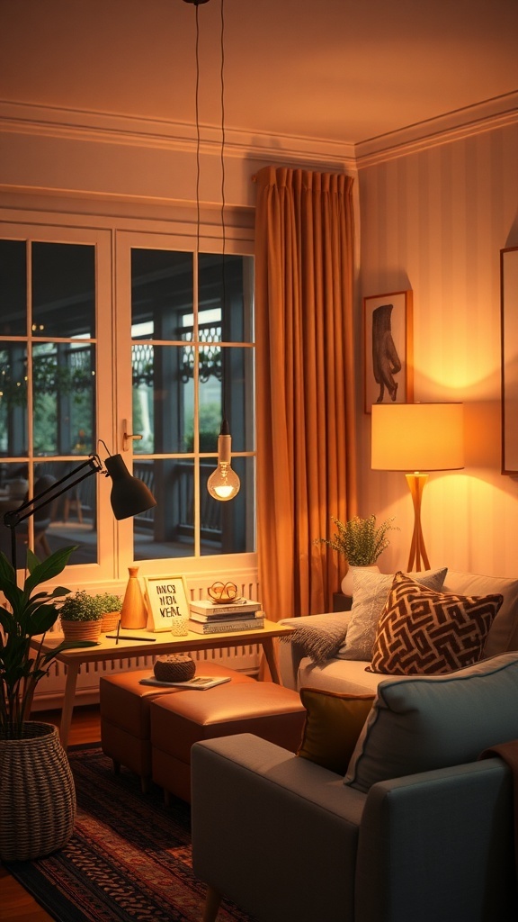 Cozy home office with warm lighting, plants, and comfortable furniture.