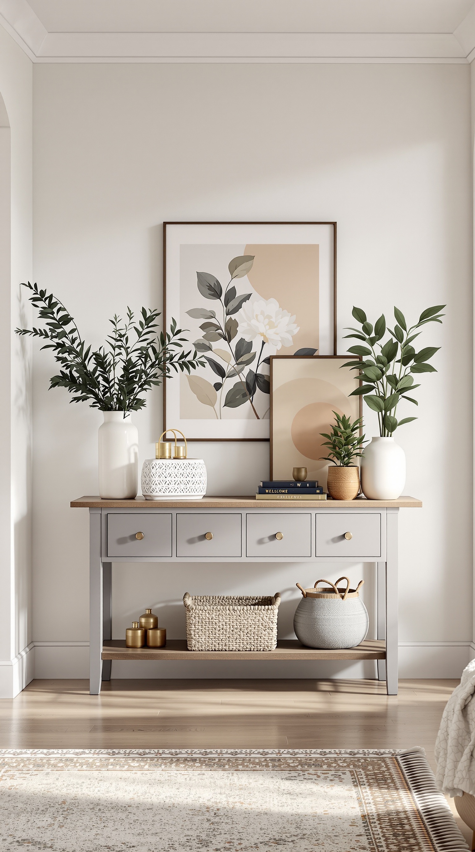 A stylish entryway with a console table, plants, and artwork.