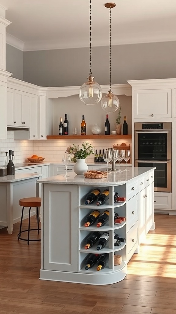 A modern kitchen island with a built-in wine rack showcasing various wine bottles, elegant lighting, and a cozy atmosphere