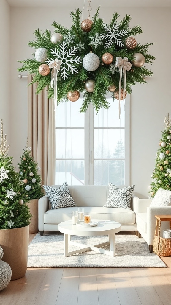 A beautifully decorated seasonal wreath hanging in a bright living room, featuring greenery, ornaments, and snowflakes.