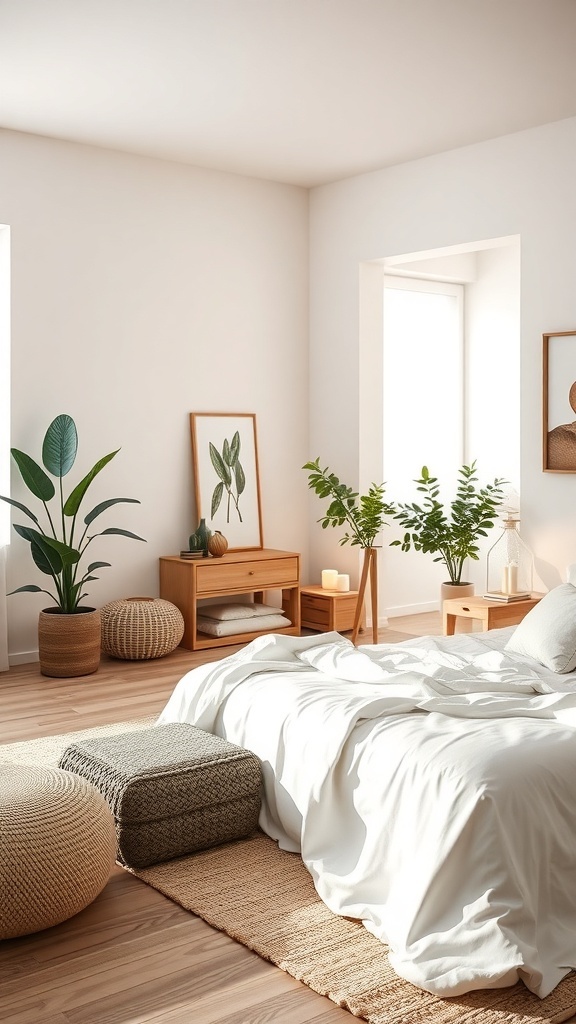 A minimalist bedroom featuring a bed with white linens, wooden furniture, and indoor plants.