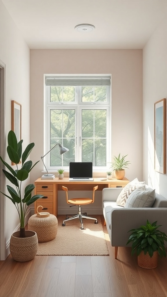 A cozy tiny home office with a desk, chair, plants, and a sofa, featuring natural light from a window.